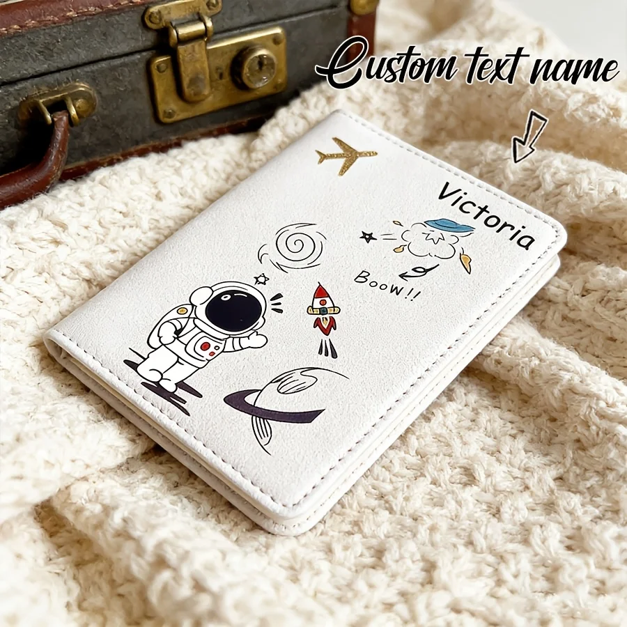 

Customizable Text Name Fashion Passport Holder, Cute Cartoon Astronaut Design, Flip-Open Style for Easy Use, Travel Essential