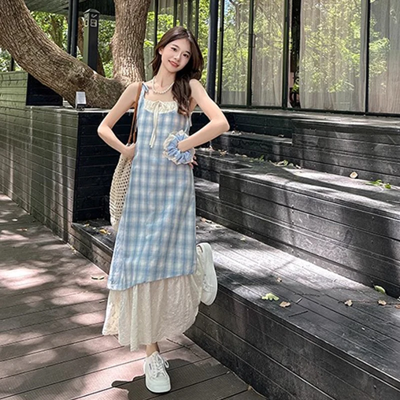 Women Plaid Fake Two Piece Suspender Dress Women Summer Retro Loose Long  Dress - AliExpress 200000345