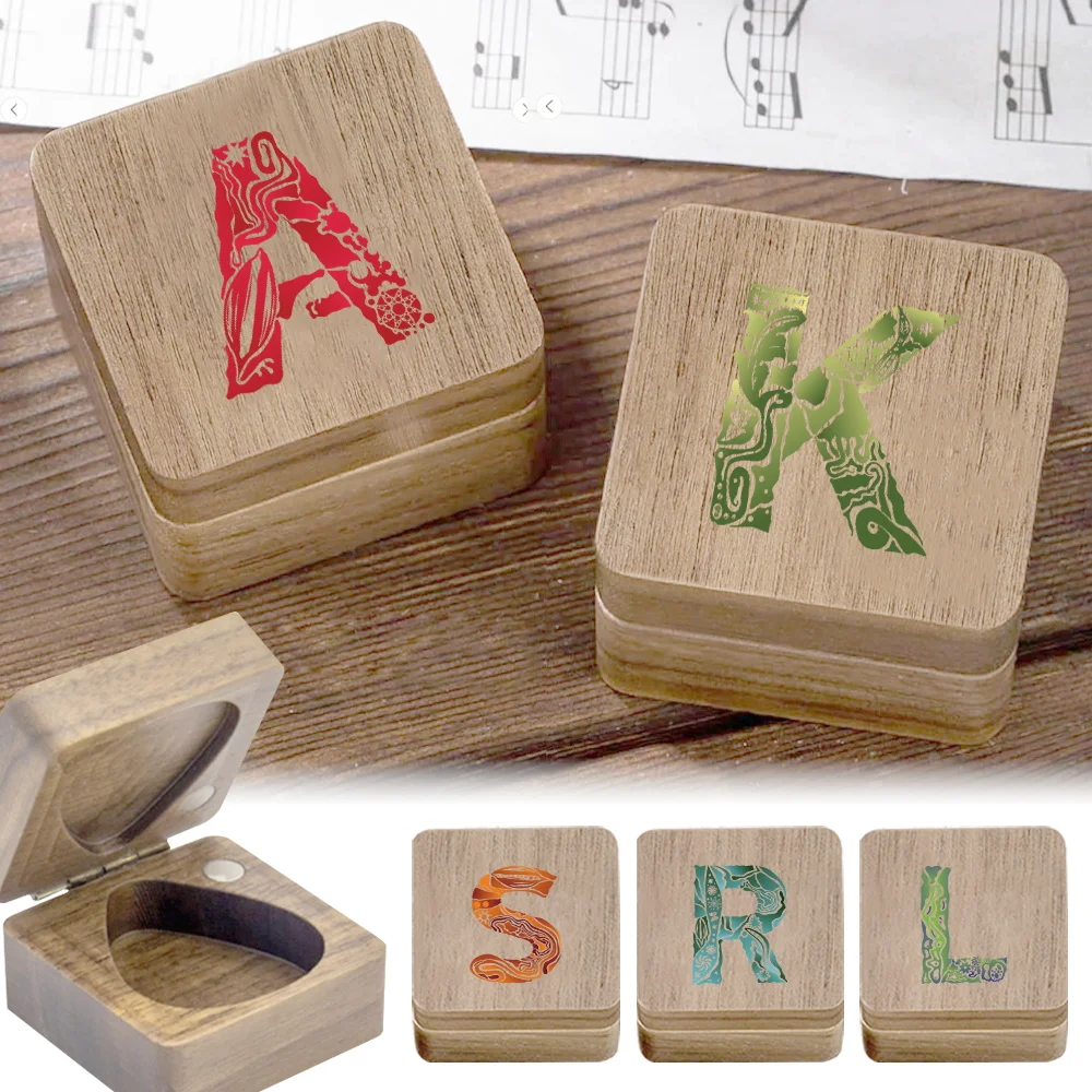 

1pc Wooden Ukulele Pick Storage Box Musical Instrument Accessory Holder Engrave Image Design Initial Name 26 Letters Pattern