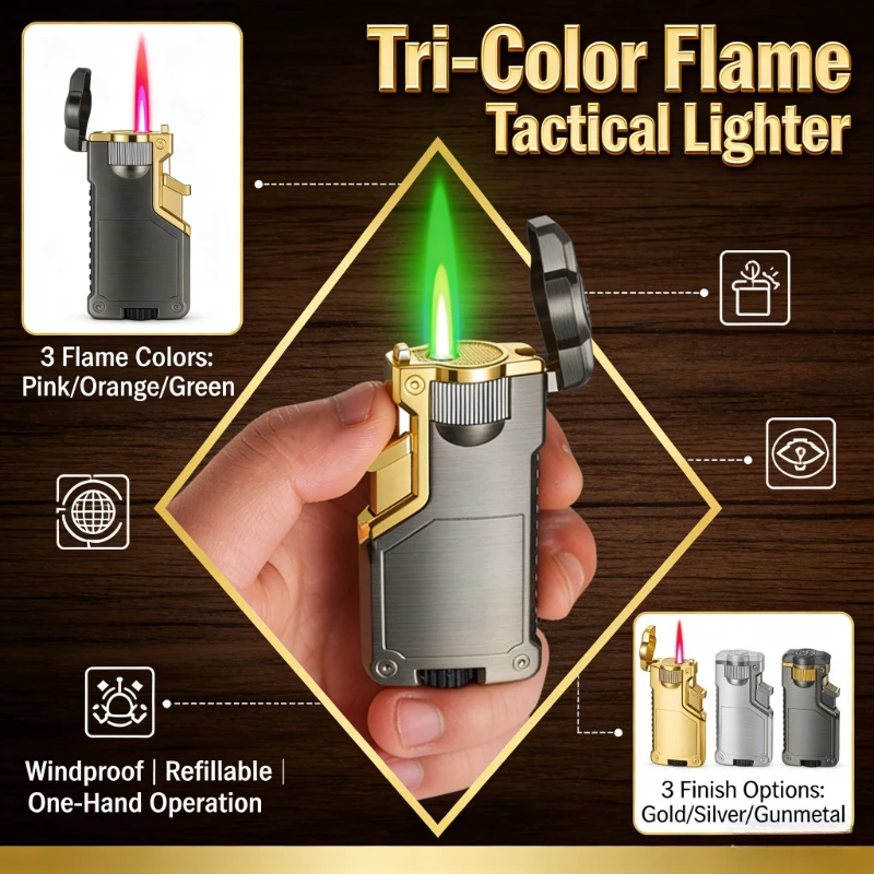 

New Creative Tri-Color Flame Windproof Lighter - Refillable Gas with Stylish Fire Switch Design, Perfect Gift for Boyfriend