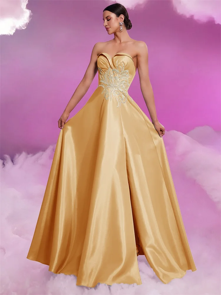 Vestido de noche de satén con manga de volantes dorados de lujo, vestido elegante sin mangas con escote en V profundo para mujer, vestido largo para fiesta de graduación