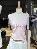 Camiseta sin mangas con cuello en V para mujer, camisola sencilla de algodón sin mangas, estilo pijo informal, chalecos cortos básicos Y2k, color rosa dulce