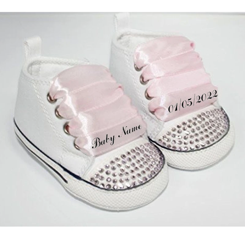 4.Name Canvas Sneakers Newborn Baby Boy Rhinestone Espadrilles Personalized Name Date Infant Crib Shoes and Pacifier Set