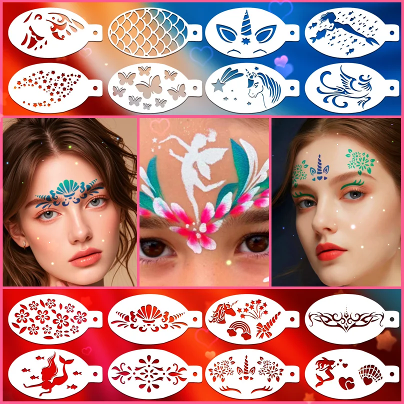 

16 шт., набор трафаретов для рисования лица, масок, сделай сам, граффити, ручная роспись, вспомогательные трафареты для татуировок, сценическая вечеринка, праздничные шаблоны для макияжа тела