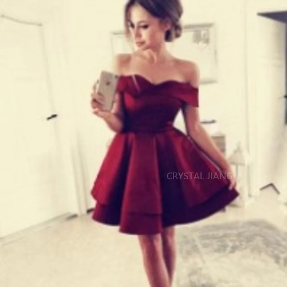 

Elegant Red Short Off Shoulder Satin Homecoming Dress vestido graduacion A Line Knee Length Prom Dress Robe de soirée for Women