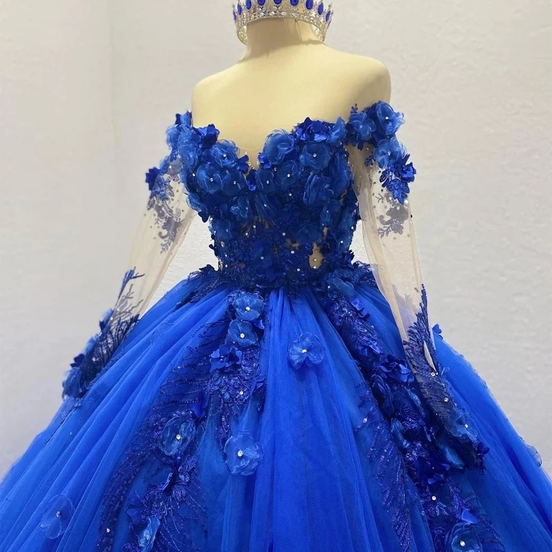 ANGELSBRIDEP-vestido de baile azul real para quinceañera, apliques de flores 3D, Princesa, fiesta de cumpleaños, graduación, 15 años