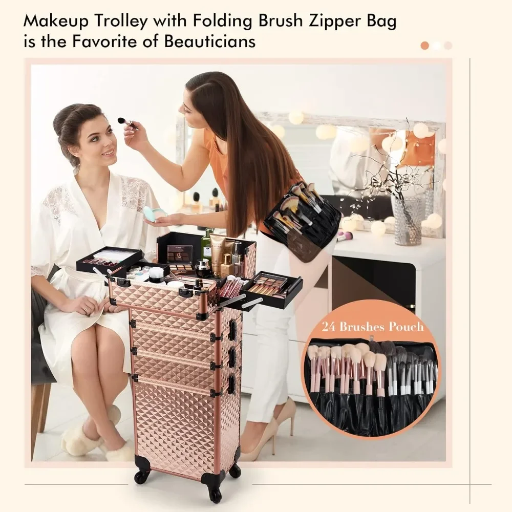 Stagiant Rolling Makeup Train Case Large Storage Cosmetic Case Trolley 4 in 1 Large Capacity Cosmetology Case on Wheel