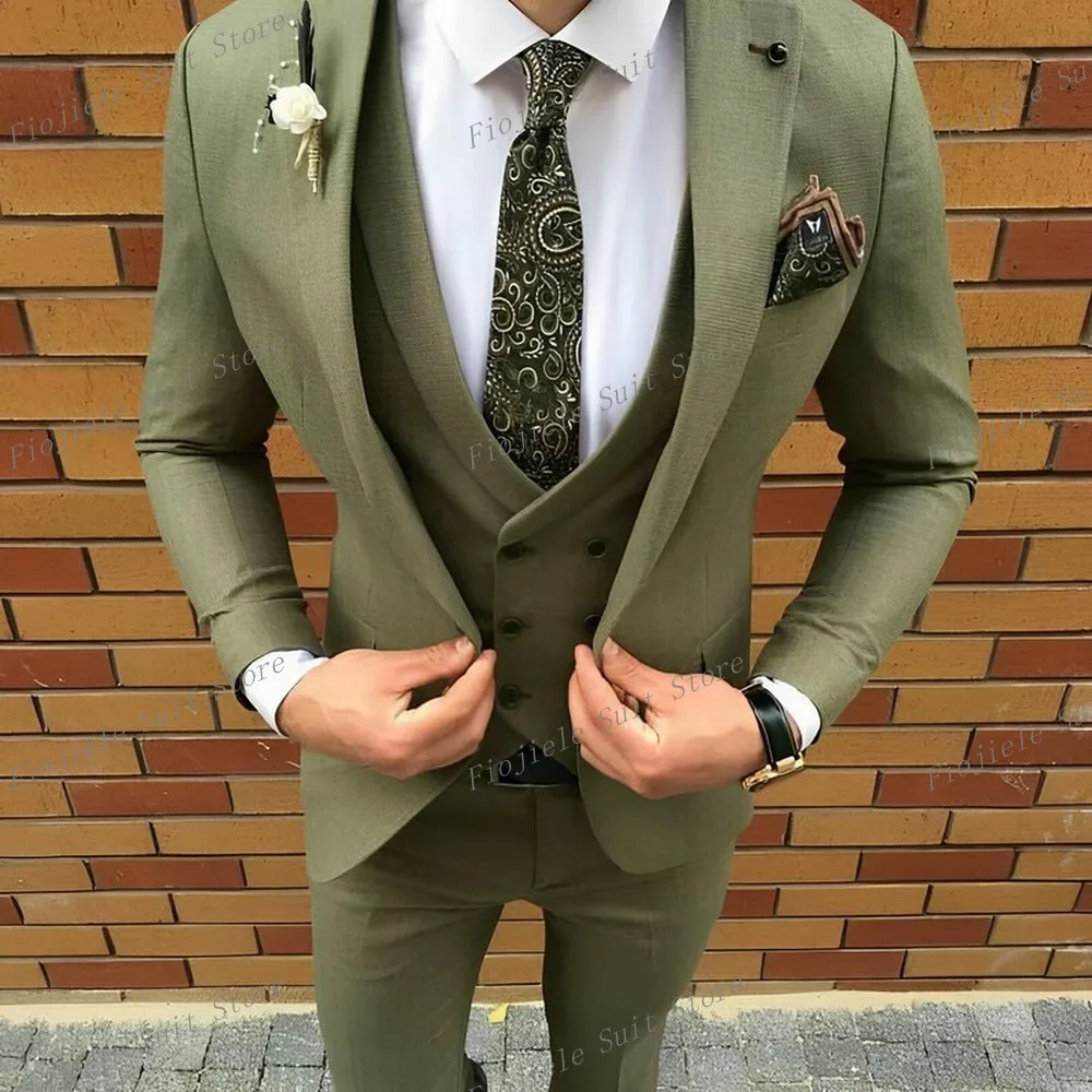 

Army Green Men Formal Business Prom Casual Suit Groom Groomsman Tuxedos Wedding Party Male 3 Piece Set Blazer Vest Pants