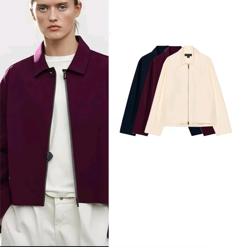 

Fall New Women's Long Sve Lapel Pilot Jaet Metal Zipper Versatile Outerwear Commute Sle Loose Fit Polyester Fiber