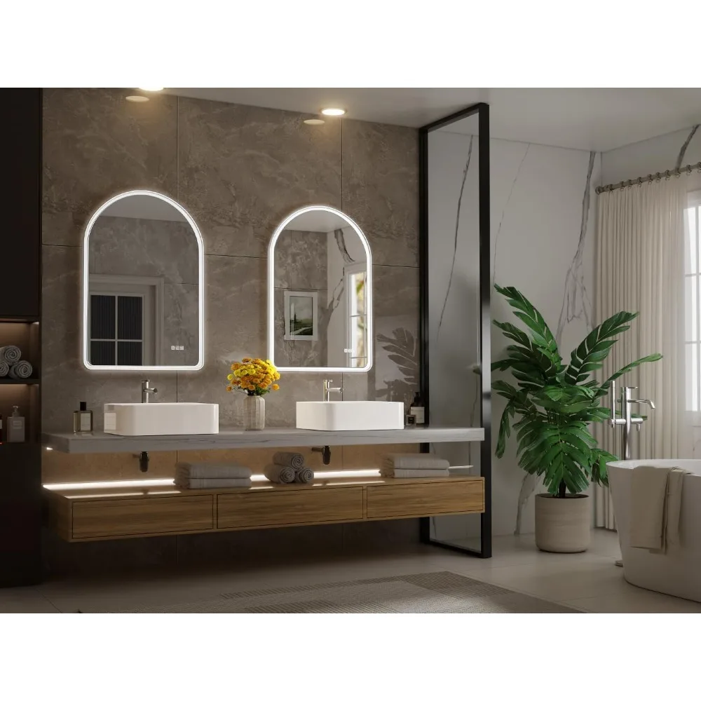 Lustro łazienkowe LED w kształcie łuku, 24x36 cali, z białą ramą zapobiegającą parowaniu i 3-kolorowym, ściemnianym oświetleniem.