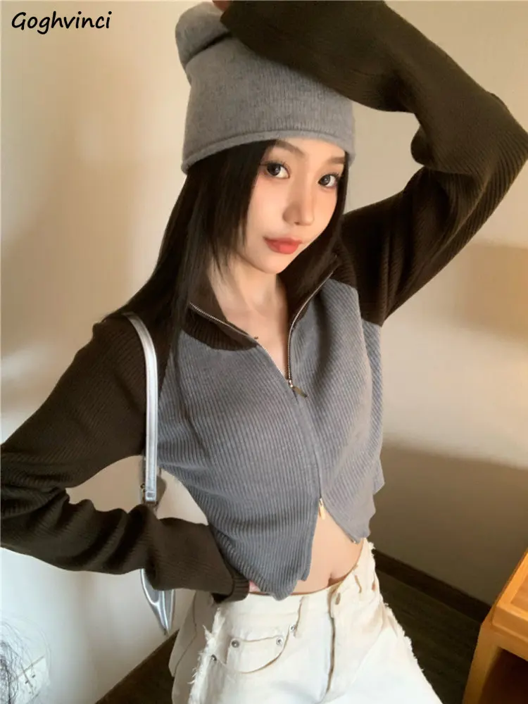 

Zip Up Cardigans Women Hipster Vintage Chic Panelled High Street Slim Cropped Knitwear Young Simple Hot Girls Ulzzang Sueters