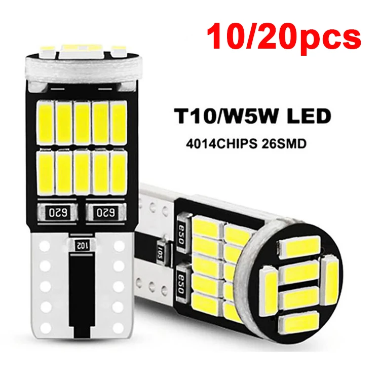 

10/20pcs T10 W5W LED Bulbs 4014 26SMD Canbus 194 501 Signal Lamp White For Car Interior Parking Position Map Dome Light