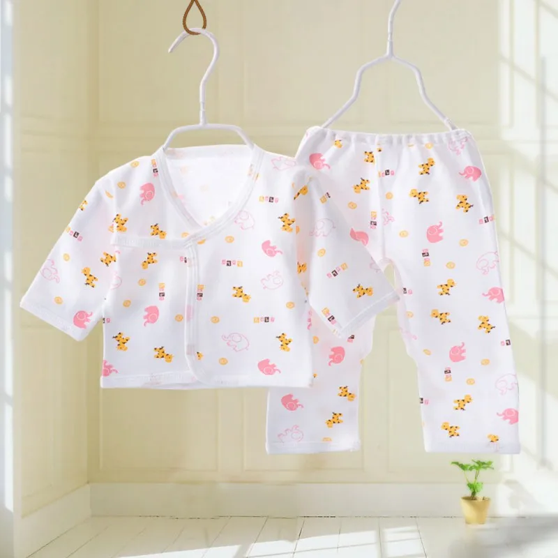 2PCS Infant Baby Cotton Underwear Sleepwear Boys Girls Breathable Cartoon Animal Pattern V-neck Long Sleeved Outfits 0-3M