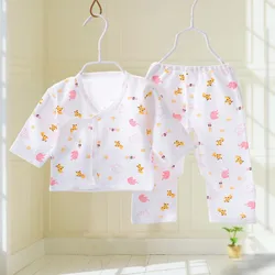 2PCS Infant Baby Cotton Underwear Sleepwear Boys Girls Breathable Cartoon Animal Pattern V-neck Long Sleeved Outfits 0-3M