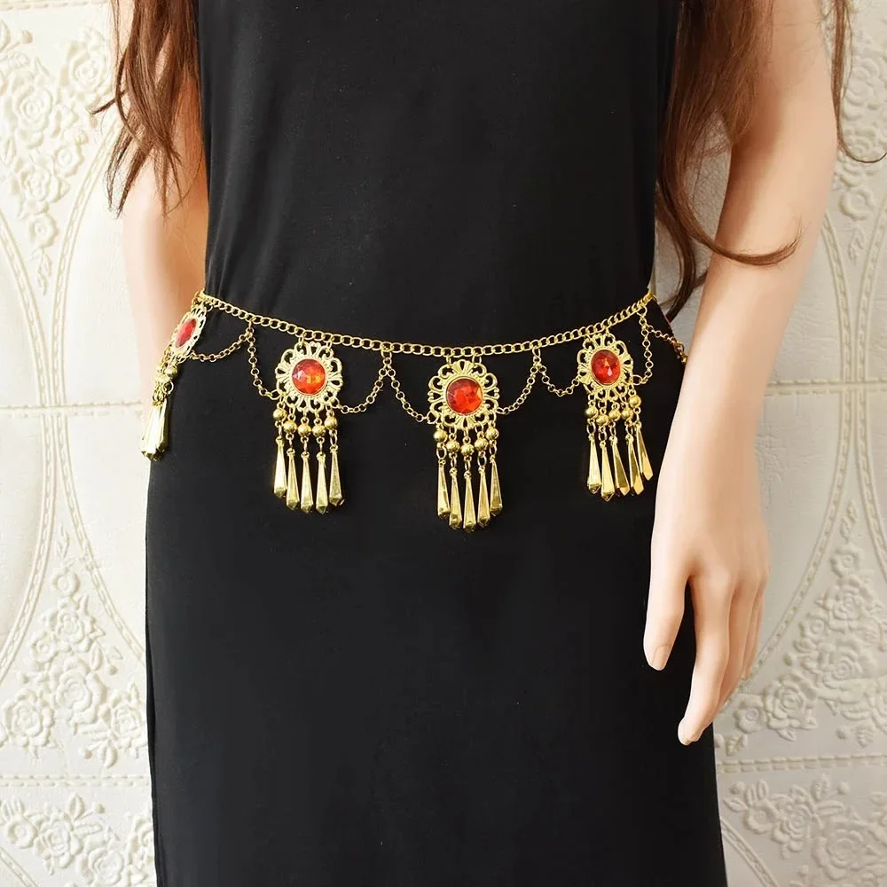 

Metal Chain Floral Inlaid Belt Bohemian Style Belly Dance Waist Chain Rhinestone Tassel Waist Decoration Dress Accessories