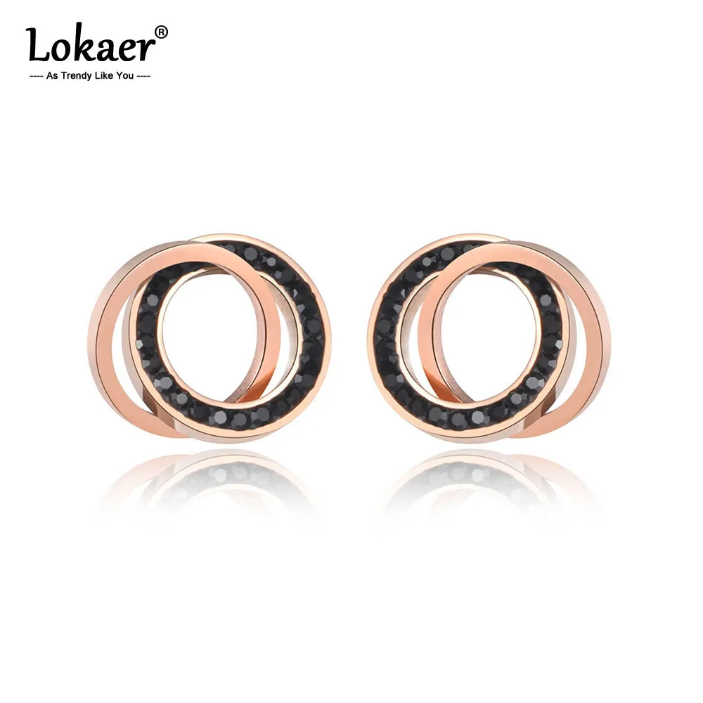 Lokaer Trendy Stainless Steel Clay Crystal Double Circles Stud Earrings Jewelry Vintage Earrings For Women Girls E19091