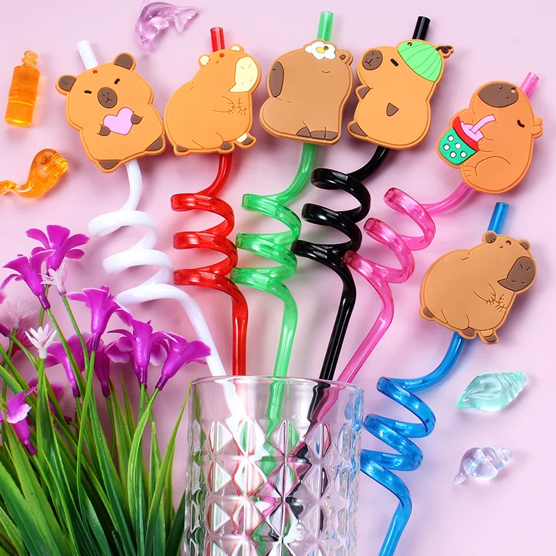 

6pcs Cartoon Capybara Reusable Spiral Straws, Papyrus Lizard Theme Straws for Decoration, for Party, Birthday for Drink Party