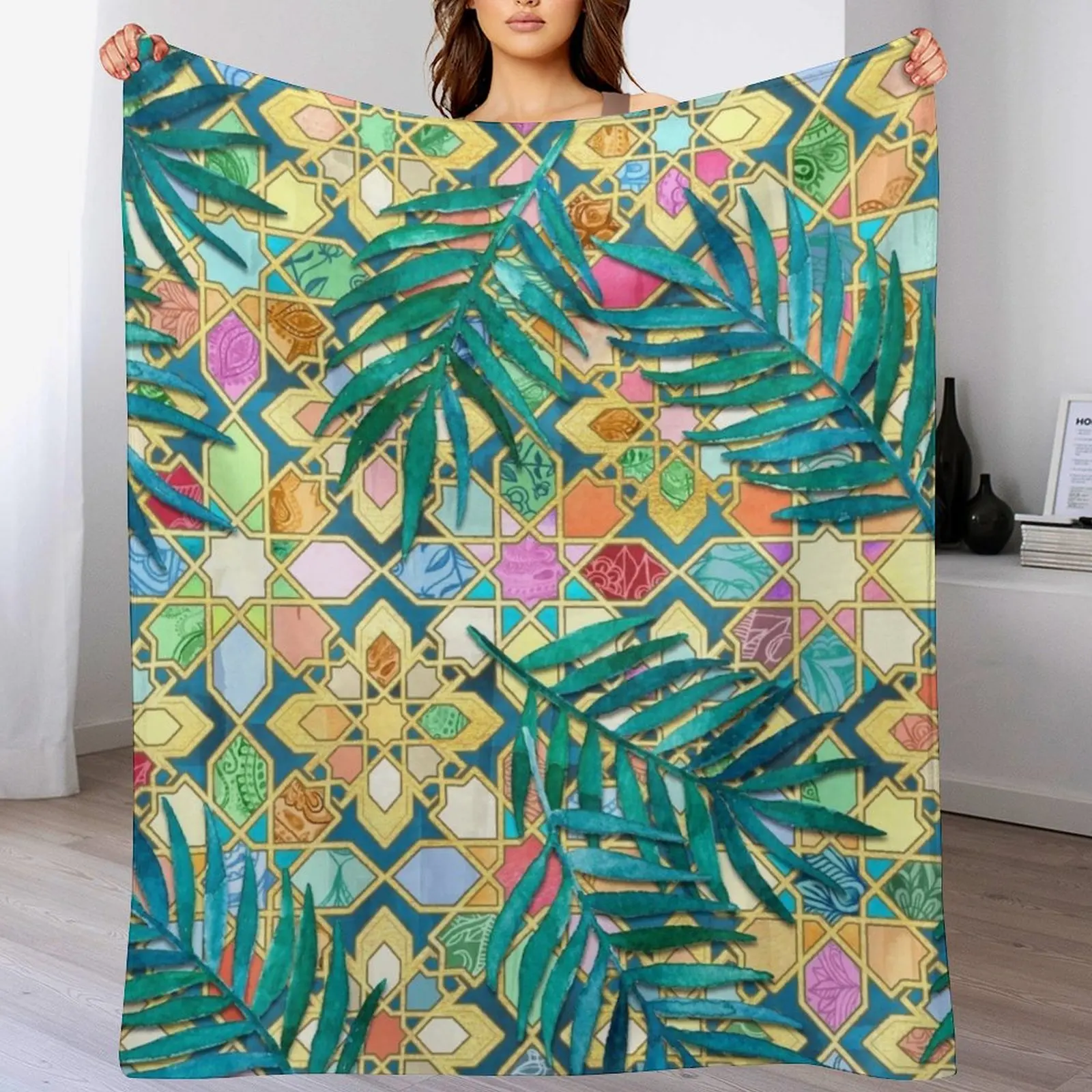 

Gilded Moroccan Mosaic Tiles with Palm Leaves Throw Blanket Luxury Summer Beddings Soft Big Single Blankets