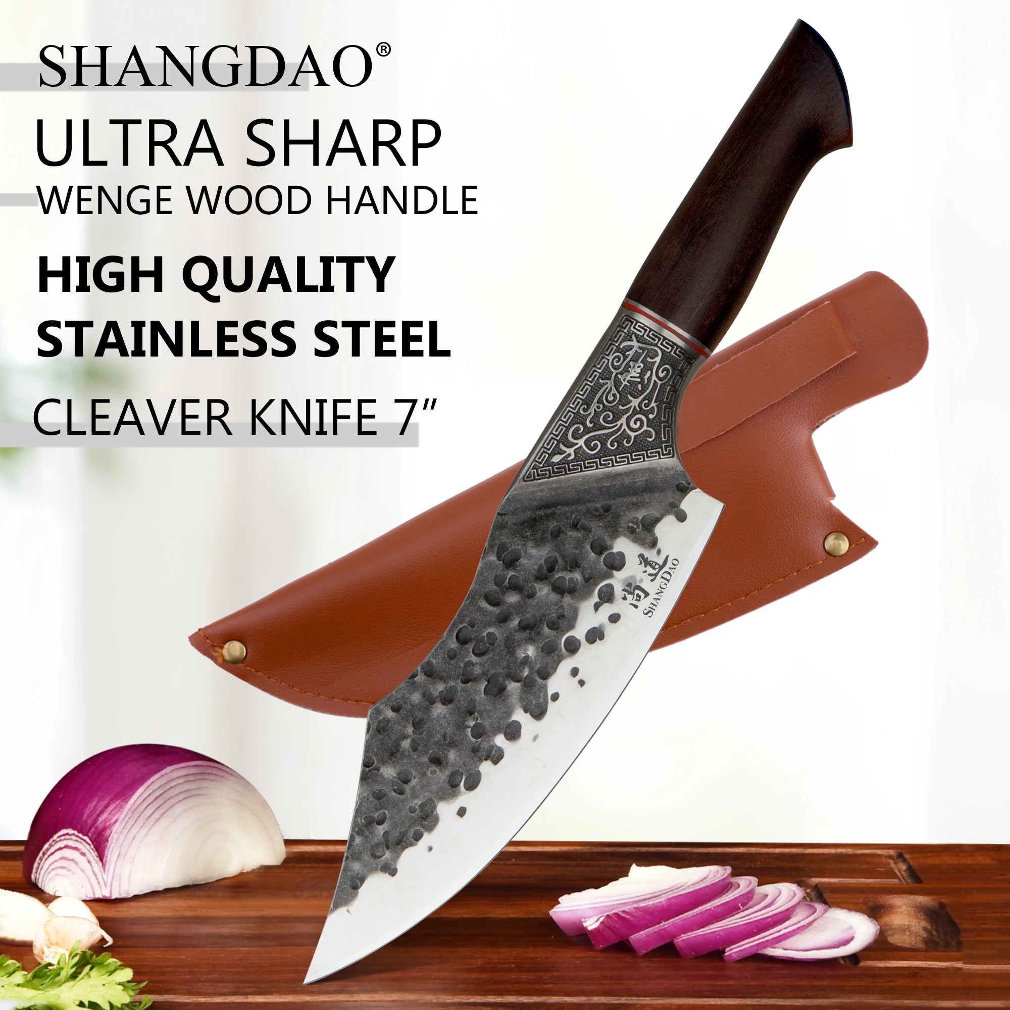 

SHANGDAO High Quality Meat Cleaver Knife ,7 Inch Chef Butcher Knife for Meat, Hand Forged Meat Cutting Knife with Leather Sheath