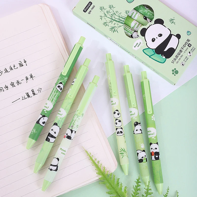 Cute Cartoon Panda Gel Pen, Adorável pressionando canetas, Canetas de escrita suave, Material de papelaria estudante escolar, Engraçado, 6pcs