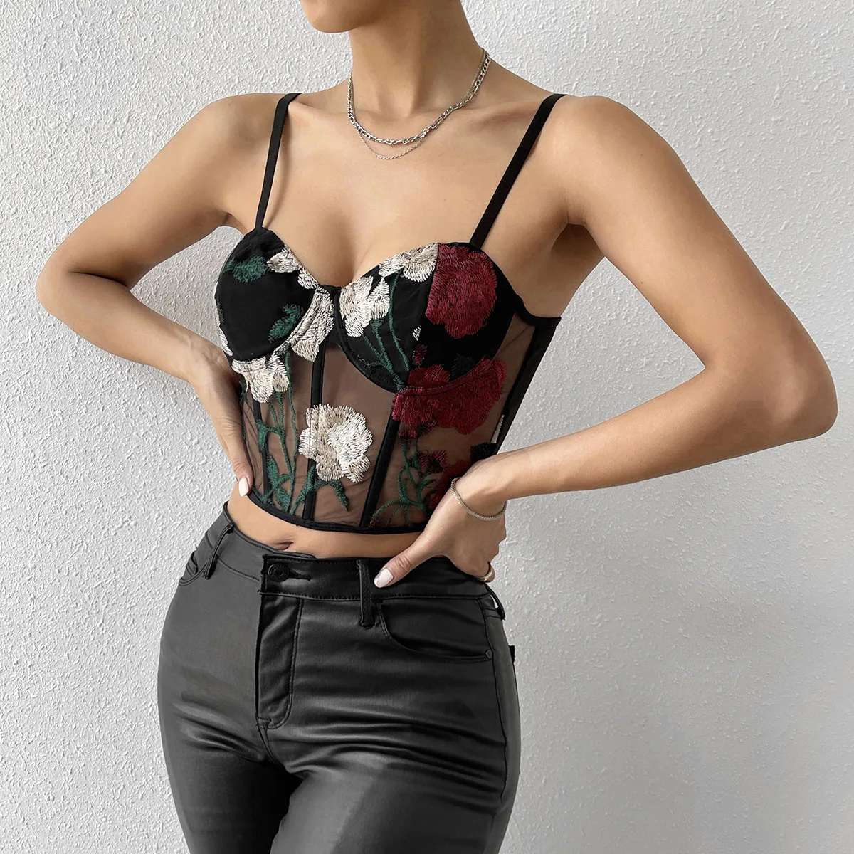 Sexy Corset Crop Tops Vest Female Backless Bustier Top Solid Vintage ins Windnet Gauze Flower Embroidery Underwire Fishbone Cami