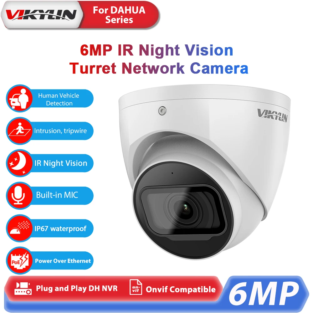 Vikylin 6 MP IR Night Vision Eyeball IP Camera Wizsense IVS Human Car Detection With MIC Outdoor POE Security Camera Home CCTV