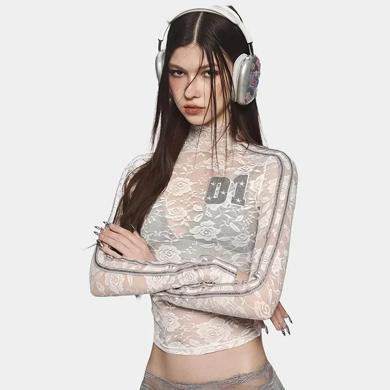 01 Embroidered High Neck Lace T-shirt Rose Pattern Perspective Finger Cuff Long Sleeved T-shirt Girls Y2K Pink Pullover Top Tees