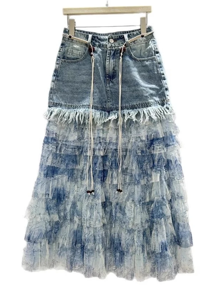 Personalizado denim emenda gaze cintura alta moda coreana saia verão menina versátil redução de idade férias longo bolo saias