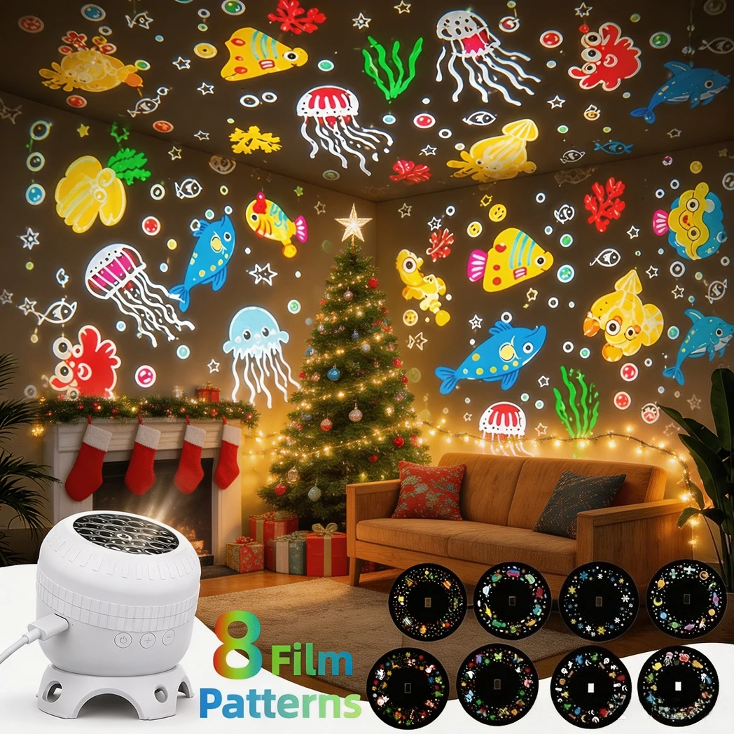 8 IN 1 360° Rotating Star Ocean Projector Light USB Powered Multi Pattern Projection Night Lamp for Holiday Home Decor Gifts