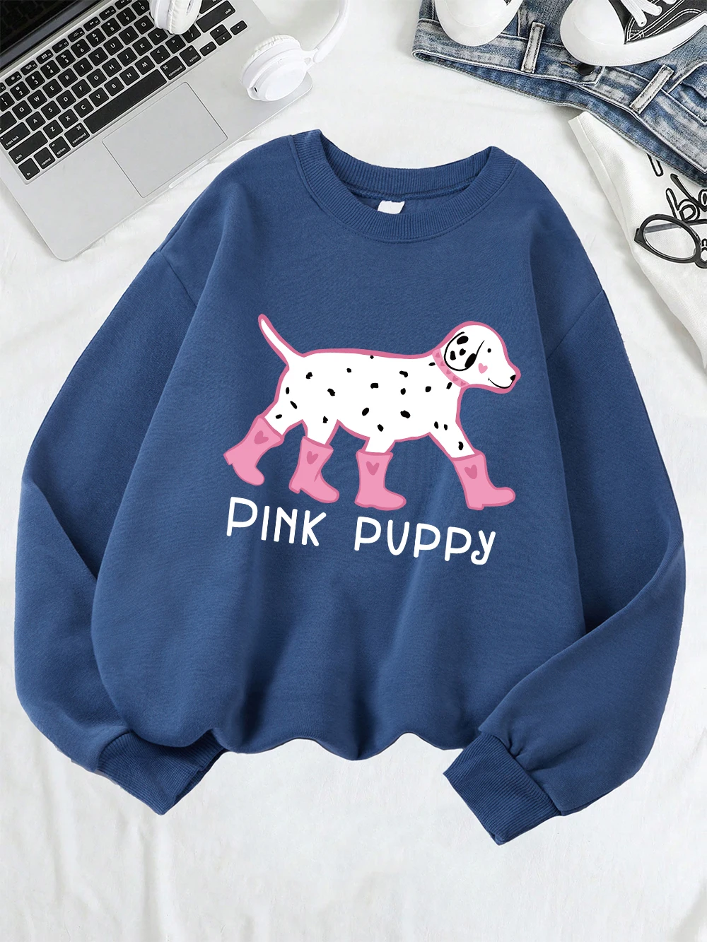 الكرتون الوردي جرو يطبع بلوزات المرأة فضفاضة عادية هوديي الصوف الدافئة Crewneck البلوز الشارع ملابس امرأة مريحة #2