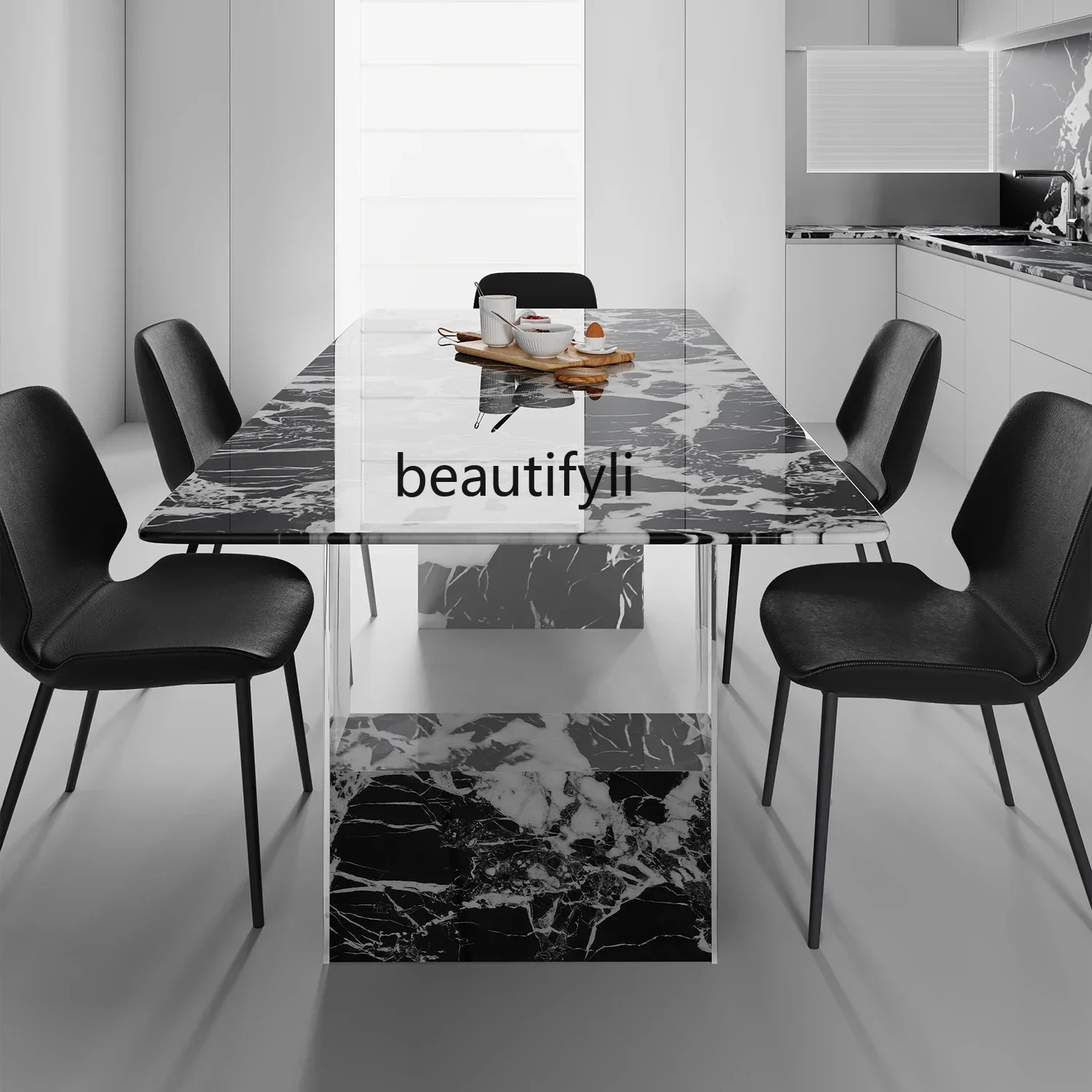 

xxqSuspended dining table marble, black luxury stone rectangular dining table light luxury acrylic wabi sabi wind size apartment