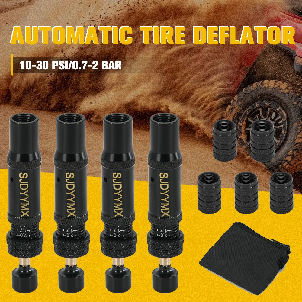 

Adjustable Auto-Stop Tire Deflator Valve Kit (10-30 PSI) 4 PCS Screw-on Tyre Air Down Tool for Vehicles Motorcycle Offroad 4x4