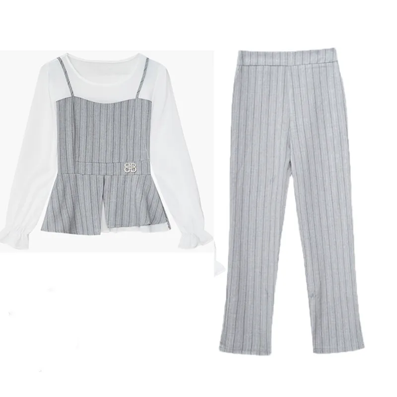 Women Oversize Patchwork Striped Slim summer Pants Sets 2024 New Fashion O-Neck Female 2 Pieces Outfits High Quality