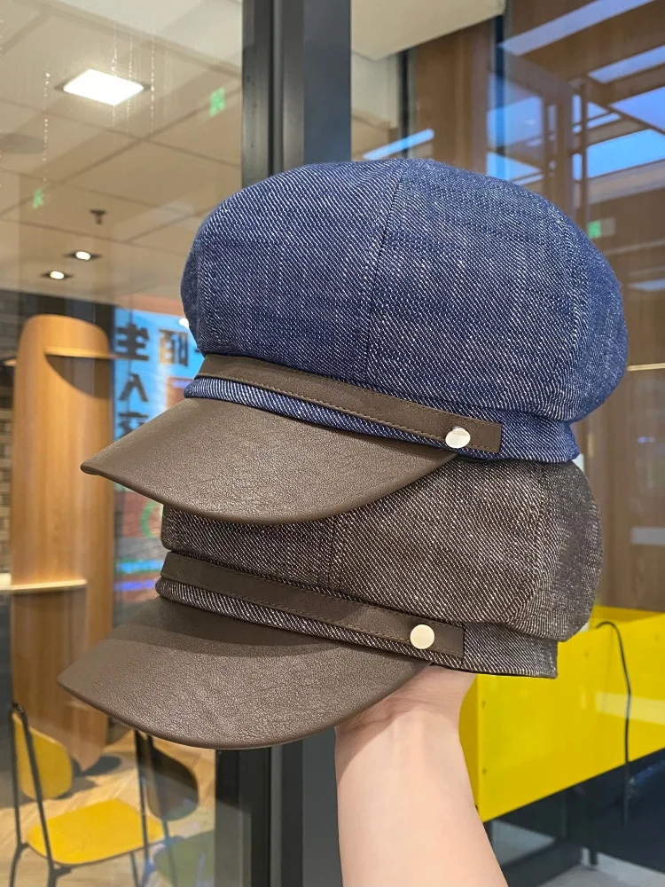 retro-denim-patchwork-octagonal-beret-hat-women's-spring-summer-fashionable-face-slimming-artist-newsboy-cap-unisex