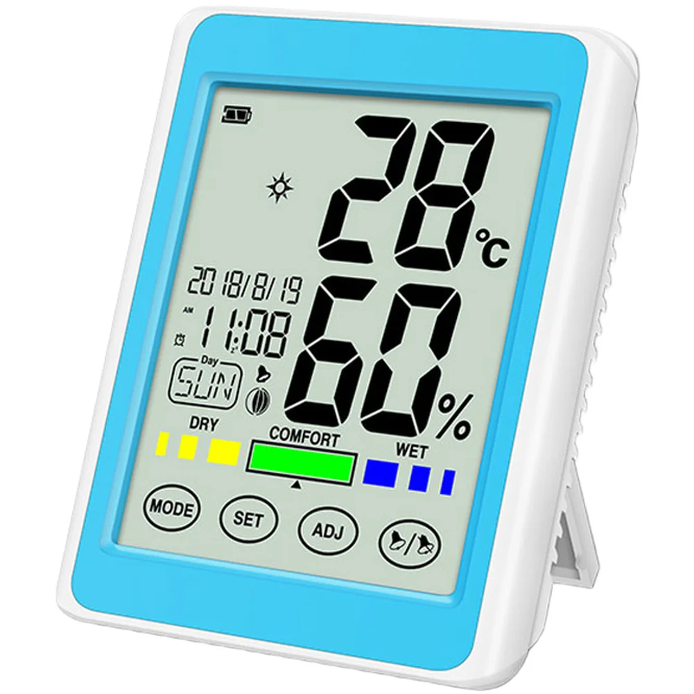 Indoor Temperature Humidity Monitor with Touch Screen LCD and Digital Clock 10C-50C 10-99RH Range 2x1.5V AAA Batteries