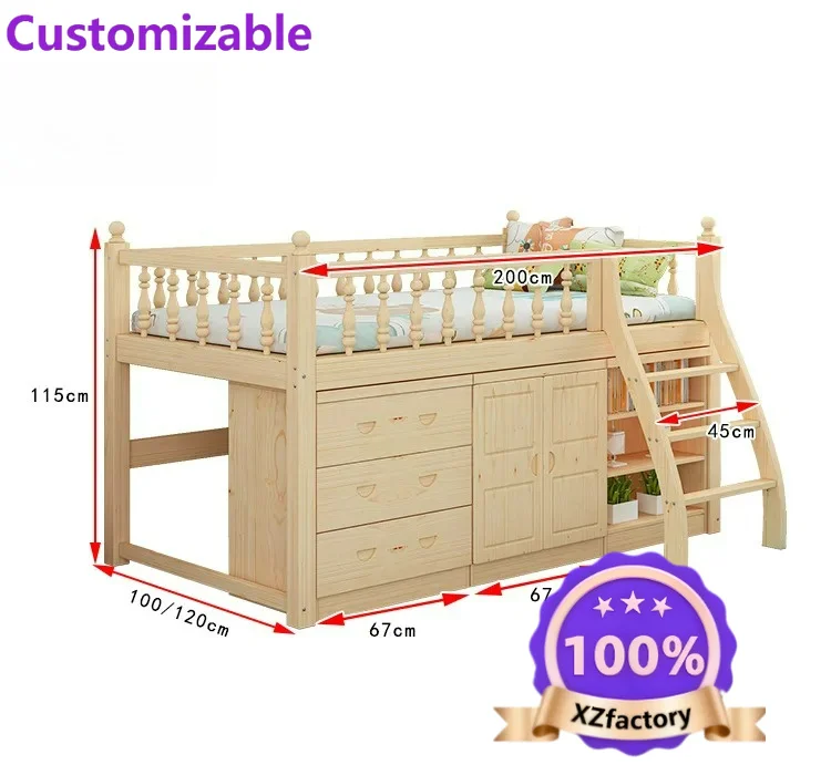 Factory Direct 2026 Solid wood pine half-height bed with desk wardrobe multi-functional combination bed elevated bd on the and u