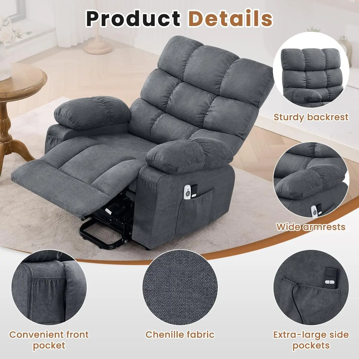 Power Lift Recliner Chair for Elderly with Heat and Massage, Electric Recliners Single Sofa with Side Pocket and USB Charge Port for Living Room and Bedroom Comfort view 6