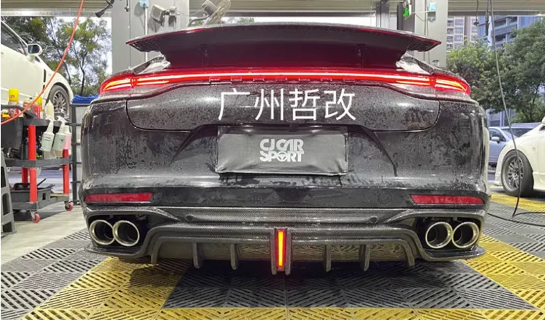 For Porsche Panamera 971 2017-2023 High Quality Carbon Fiber Rear Bumper Lip Diffuser Spoiler Exhaust Cover (With LED Light)