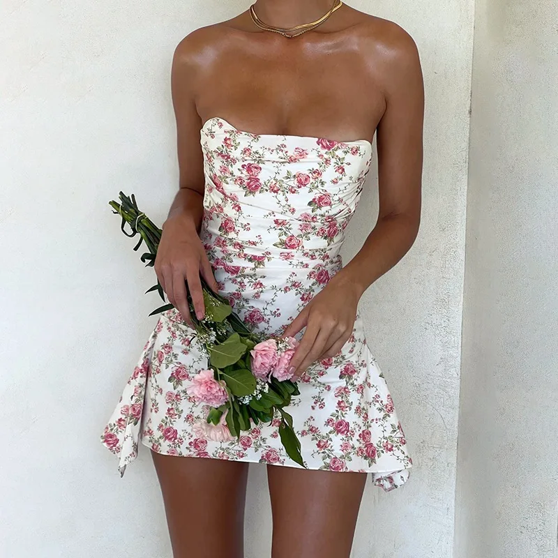 

Floral Printed Mini Dress Sexy Women Off Shoulder Bodycon Party Dresses Female Fashion Strapless Ruched Short Dress 2025 Summer