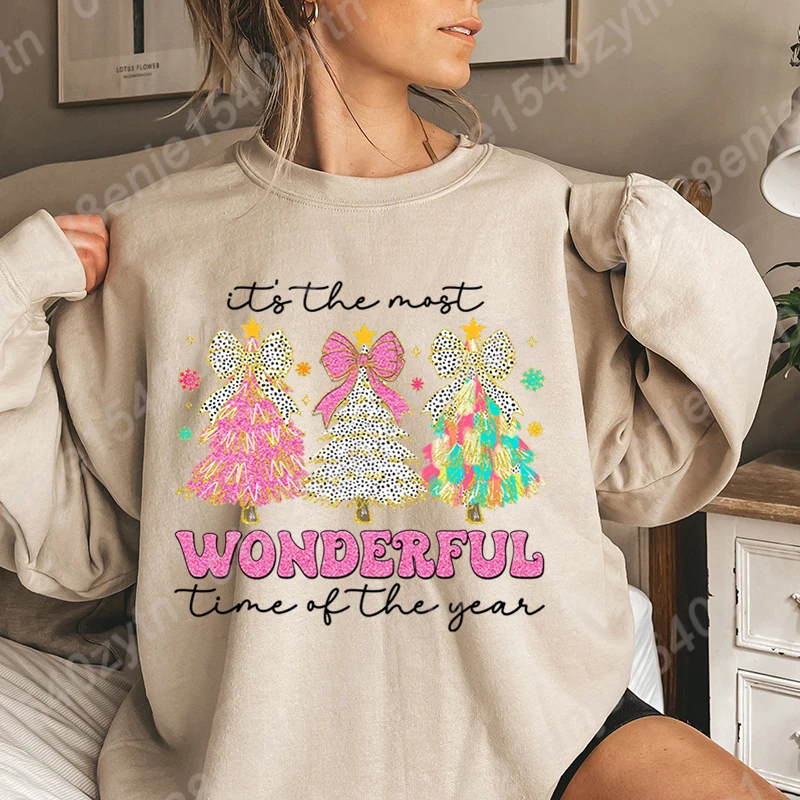 Christmas Tree It's The Most Wonderful Time Of The Year Print Pullover Women Casual Hoodless Sweatshirt Pure Color Crew Neck Top