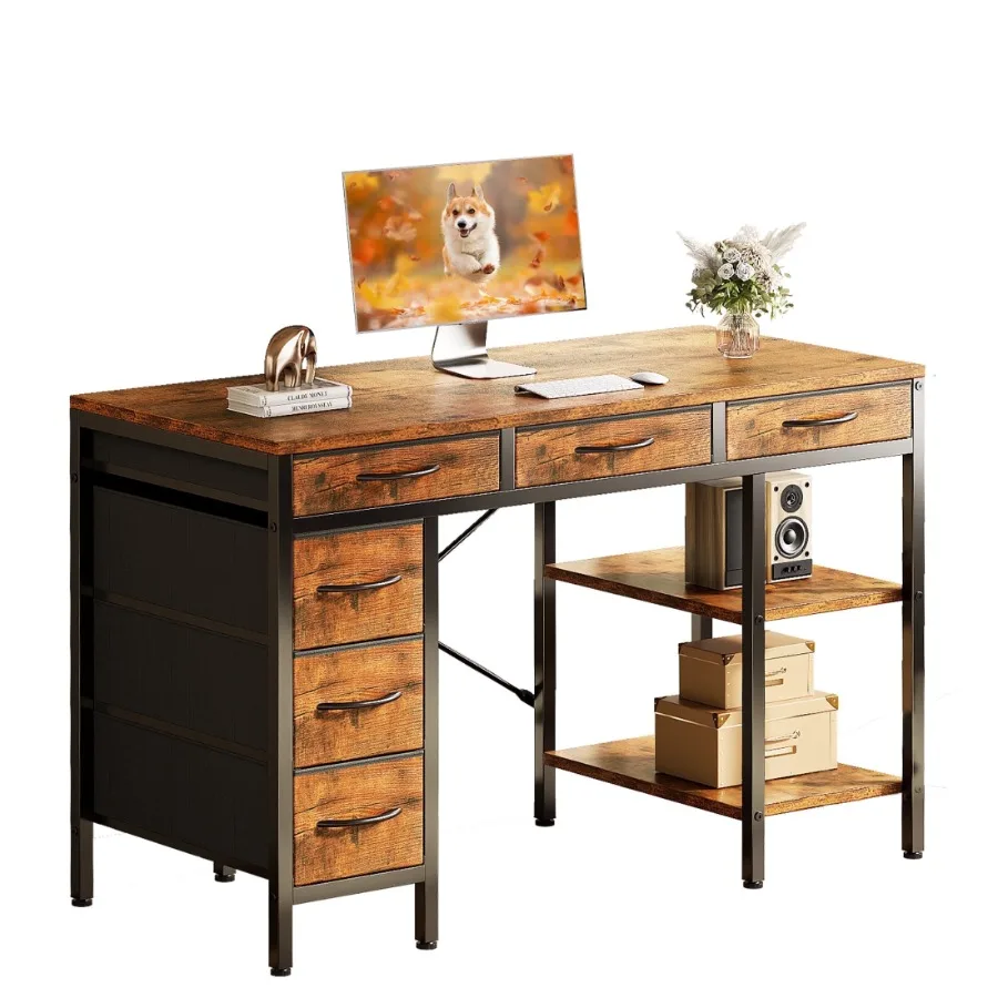 

47 inch Computer Desk with 6 Drawers and 2 Open Shelves Modern Home Office Desk with Storage Writing Study Desk for Bedroom Wor