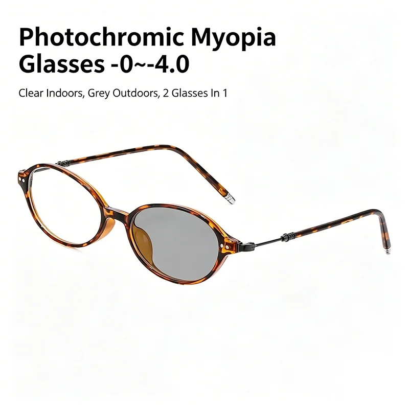 Oval Photochromic Anti-Blue Light Myopia Glasses for Men Women, Indoor Outdoor Transition Prescription Lenses