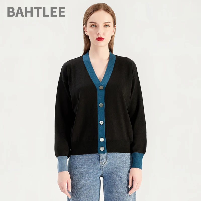 BAHTLEE-Women's Wool Knitted Cardigan, Sweater, V-neck, Long Sleeves, Shell Button, Multicolor, Spring