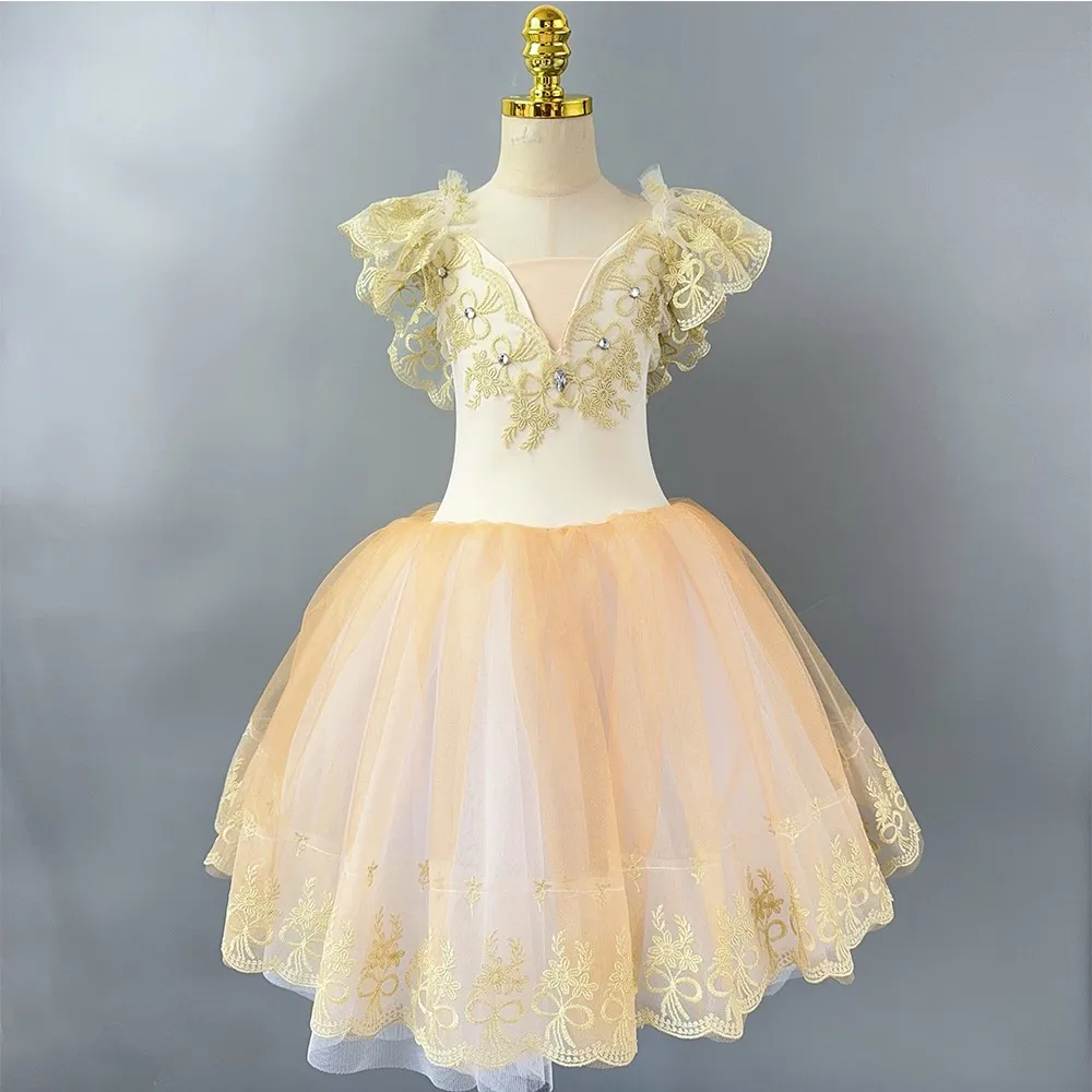 

Children Ballet Dress Long Performance Clothing Swan Lake Dance Professional Tutus Beige Lace Ballerina Dress Girls Costumes