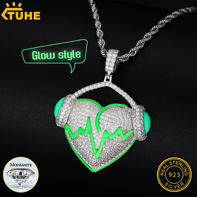 Classic Heart Luminous Style Pendant S925 Moissanite Pendant Necklace Rope Chain For Men Hip Hop Jewelry Nightclub Gift