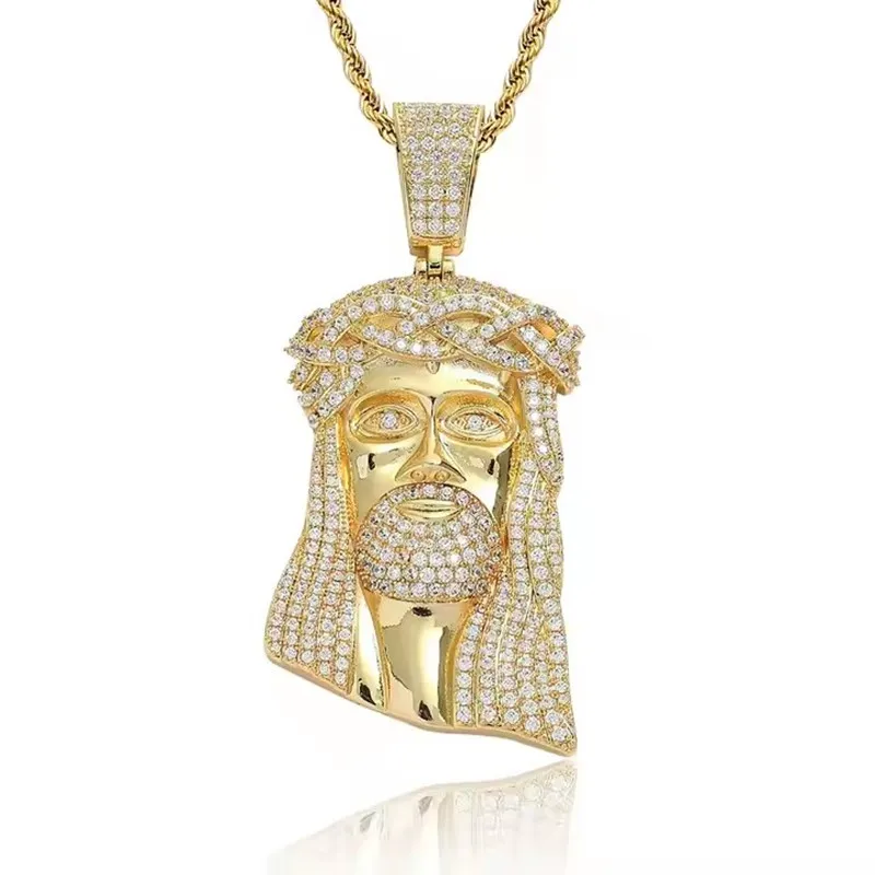 Men's necklace plated with 18k gold zircon, featuring a Jesus portrait in hip-hop, rock, and fashion jewelry