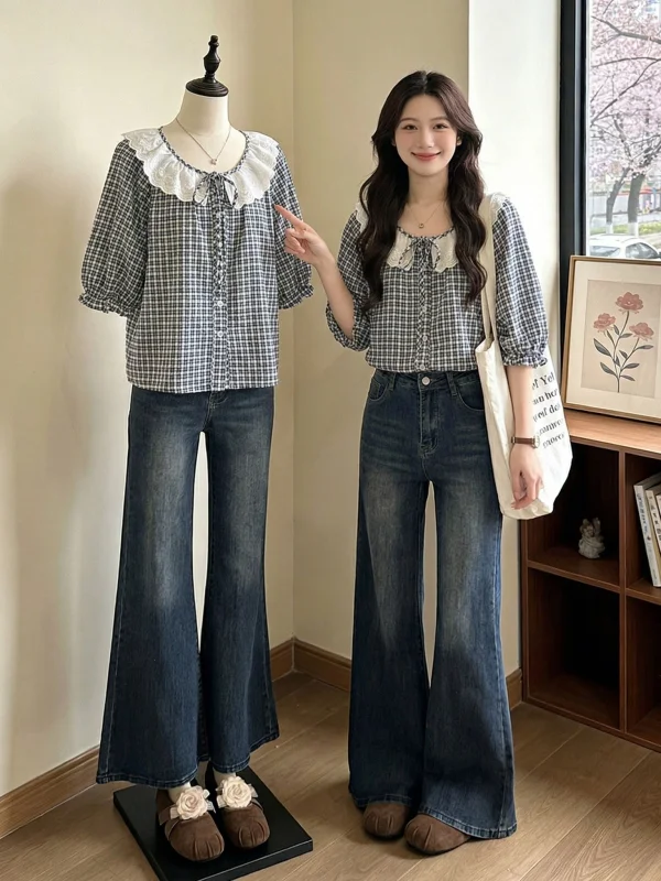 

Summer New Style Women's Plaid Shirt with Puff Sleeves Baby Doll Collar Short Sleeve Regular Shoulder Fit Korean Style Top