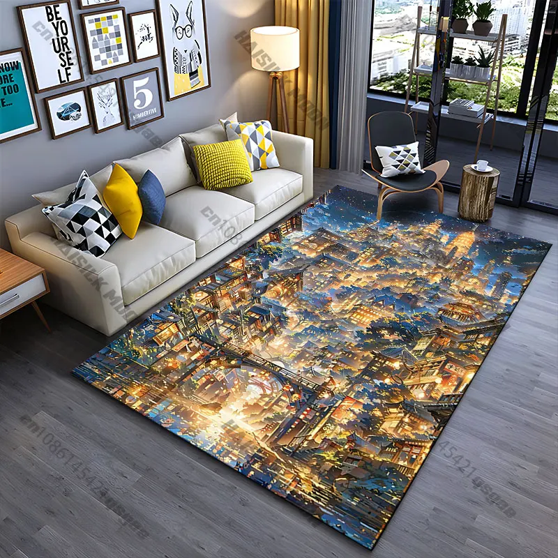 Enchanting illuminated fantasy cityscape carpet Yoga living room room decor children's crawling mat doormat area rug