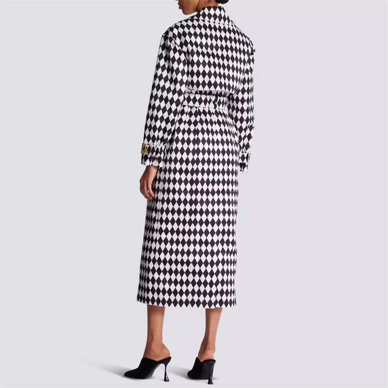 2024fwNew women\'s double-breasted fashion black and white diamondCheck belted long windbreaker y2k high quality houndstooth coat