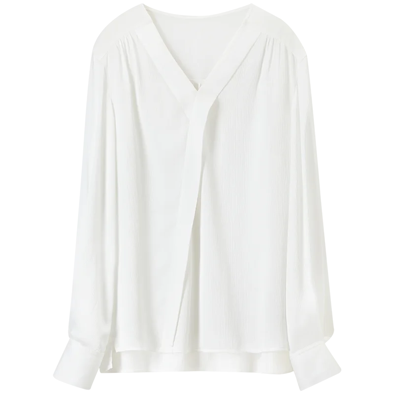 SENTUBILA White Women's Blouses Casual Straight V Neck Folds Long Sleeve Slit Comfort Pullover Tops 2025 Spring New 151C58124